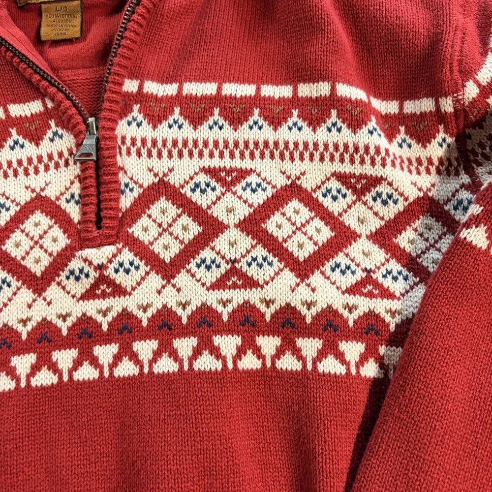 St Johns Bay Mens Large Red Fair Isle Nordic Quarter Zip Cotton Sweater